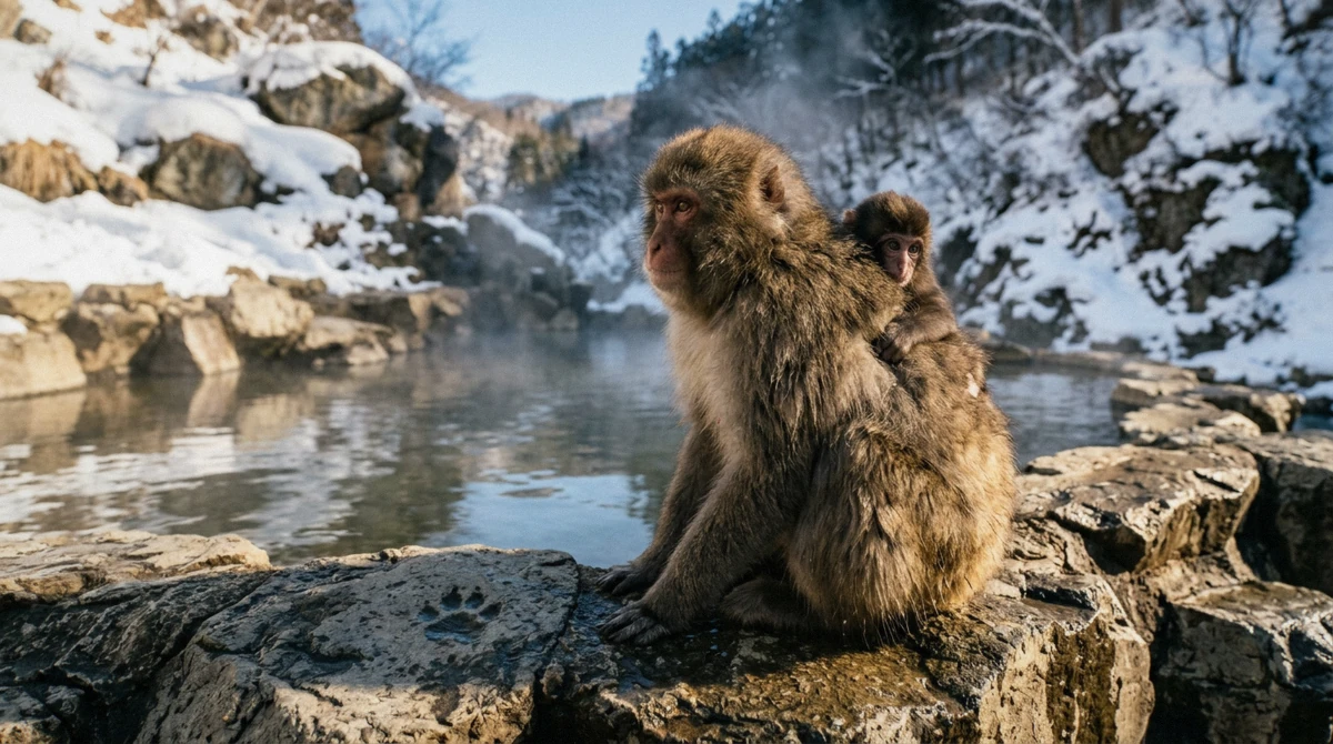 Snow-covered hot spring pool at Jigokudani Monkey Park in deep winter, the best time to visit for bathing monkeys, Nagano, Japan