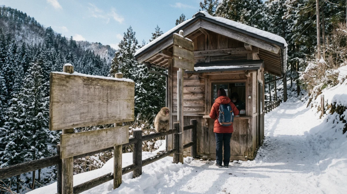 Ticket gate and admission sign at the entrance to Jigokudani Monkey Park, where visitors buy Jigokudani Monkey Park tickets before the trail walk