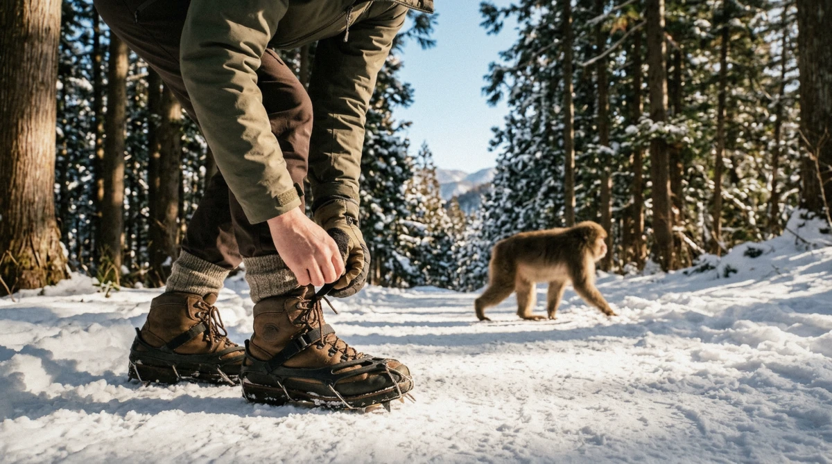 Traveler in winter boots and a warm jacket on the snowy trail, showing what to wear to the snow monkey park in Nagano, Japan