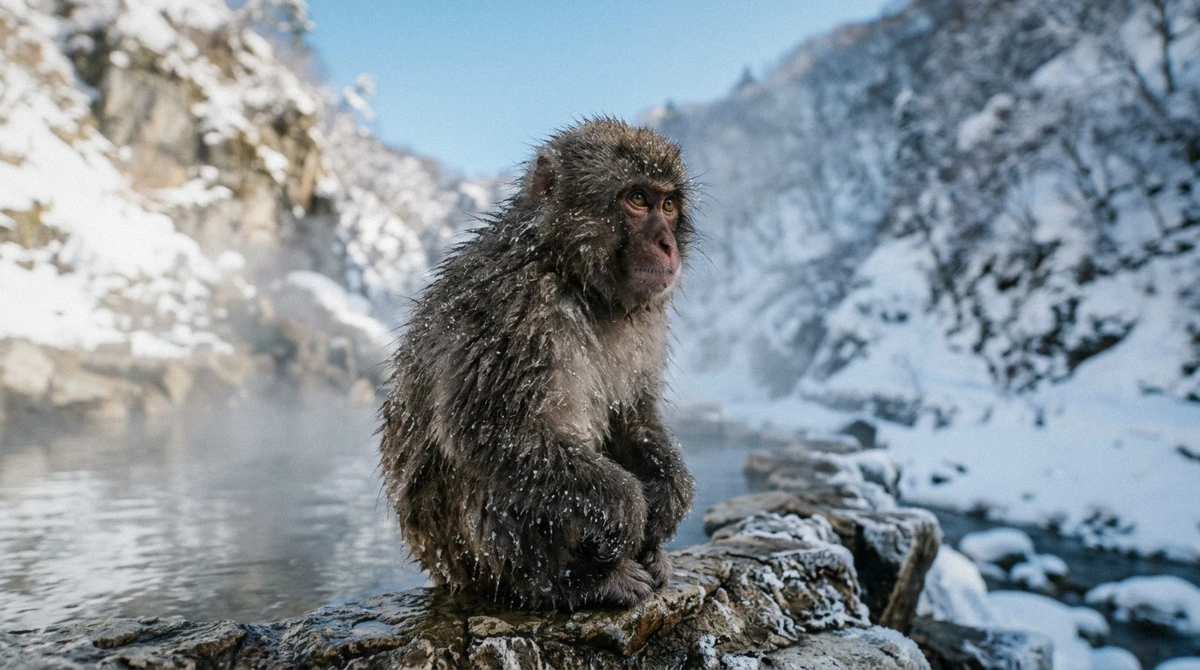 Japanese macaque sitting at the edge of the steaming hot spring pool, what to expect at the snow monkey park, Nagano, Japan