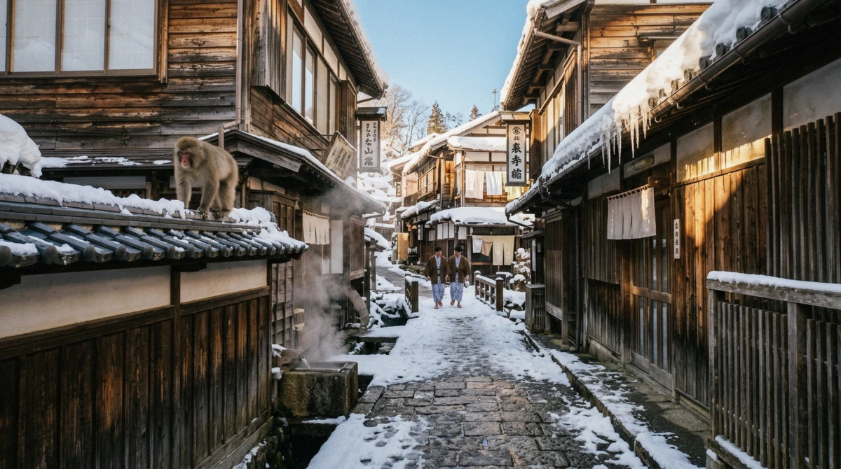 Lantern-lit ryokan lane of Shibu Onsen at dusk, the classic answer to where to stay near the snow monkey park