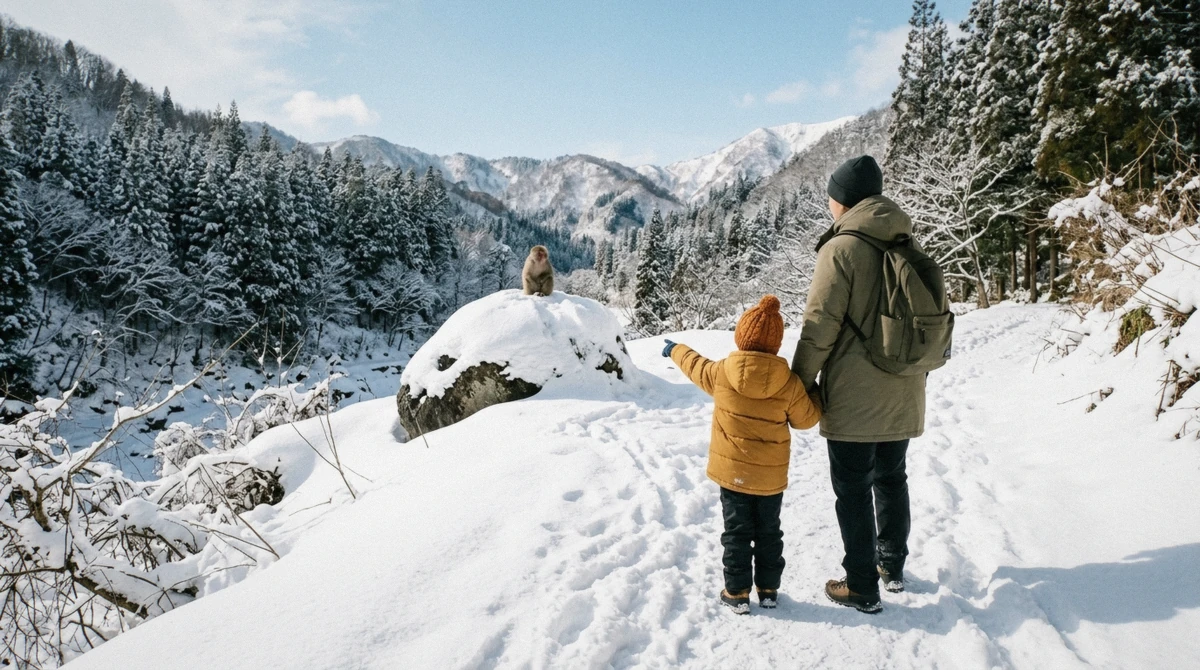 A child in a winter coat walking the snow-packed trail to the snow monkey park with kids, Nagano, Japan