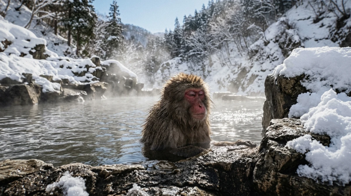 Wild snow monkey soaking in a steaming hot spring pool at Jigokudani Monkey Park, the sight travelers weigh when deciding if the trip is worth it