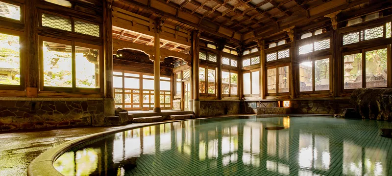Historic wooden bath hall at Yoroduya ryokan in Yudanaka near the snow monkey park