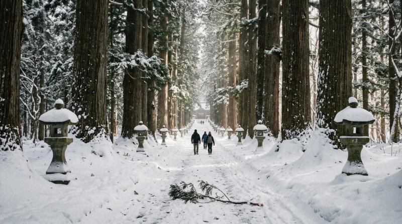 Towering cedar avenue at Togakushi Shrine visited on a Nagano monkey park tour with Zenkoji Temple and sake brewery